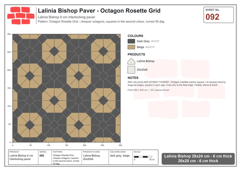 Interlock (Pasco) 28x24 cm · LAL-092 · Octagon Rosette Grid - chequer octagons, squares in the second colour, turned 45 deg · Laying plan Interlock (Pasco) 28x24 cm · LAL-092 · Octagon Rosette Grid - chequer octagons, squares in the second colour, turned 45 deg · Laying plan