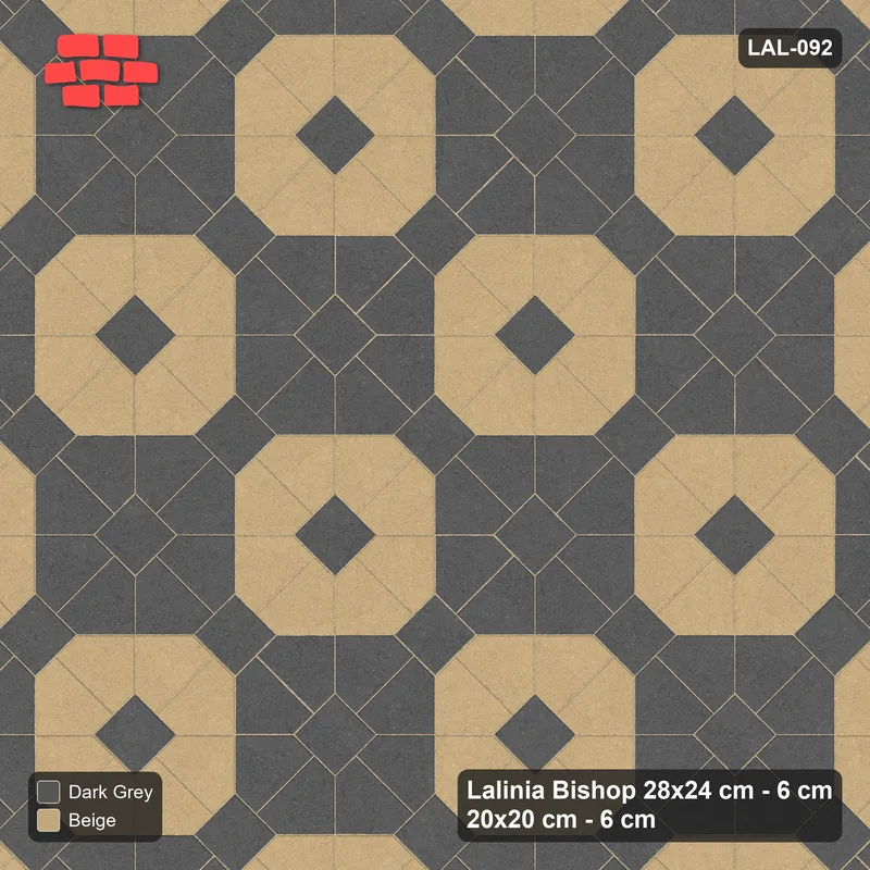Interlock (Pasco) 28x24 cm · LAL-092 · Octagon Rosette Grid - chequer octagons, squares in the second colour, turned 45 deg · Top view Interlock (Pasco) 28x24 cm · LAL-092 · Octagon Rosette Grid - chequer octagons, squares in the second colour, turned 45 deg · Top view