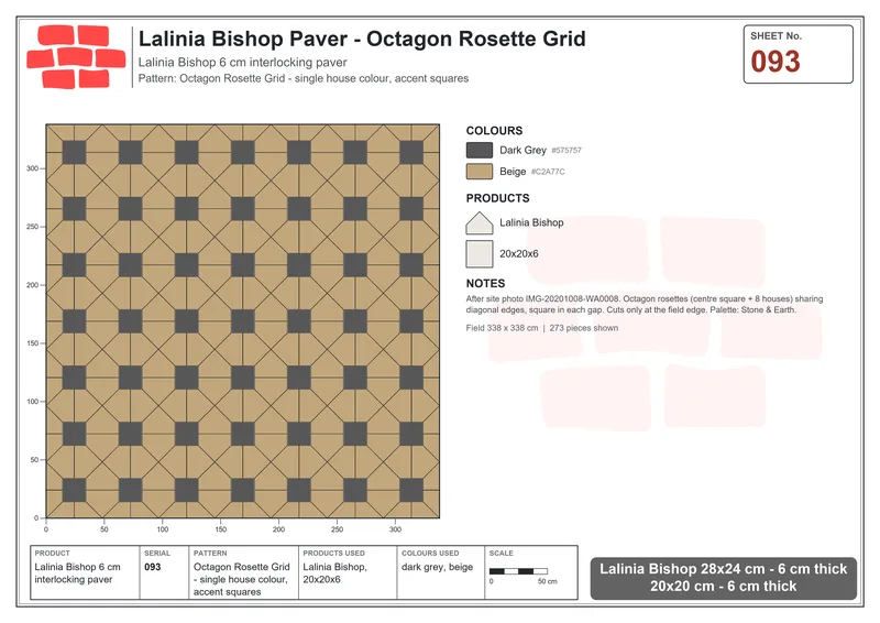 Interlock (Pasco) 28x24 cm · LAL-093 · Octagon Rosette Grid - single house colour, accent squares · Laying plan Interlock (Pasco) 28x24 cm · LAL-093 · Octagon Rosette Grid - single house colour, accent squares · Laying plan