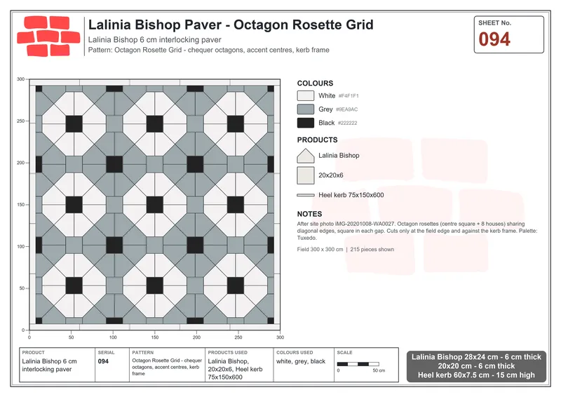 Interlock (Pasco) 28x24 cm · LAL-094 · Octagon Rosette Grid - chequer octagons, accent centres, kerb frame · Laying plan Interlock (Pasco) 28x24 cm · LAL-094 · Octagon Rosette Grid - chequer octagons, accent centres, kerb frame · Laying plan