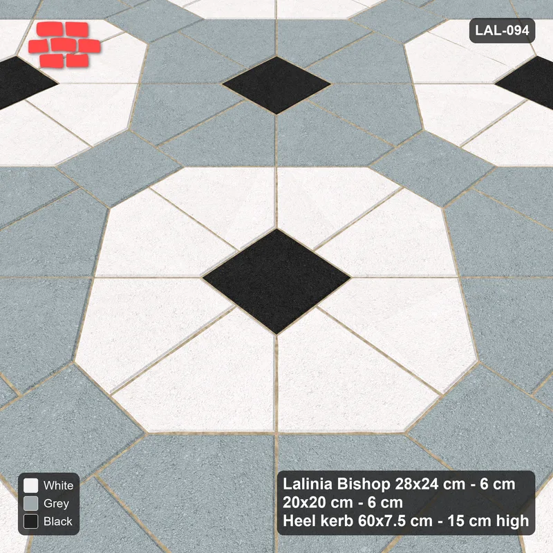 Interlock (Pasco) 28x24 cm · LAL-094 · Octagon Rosette Grid - chequer octagons, accent centres, kerb frame · Side view Interlock (Pasco) 28x24 cm · LAL-094 · Octagon Rosette Grid - chequer octagons, accent centres, kerb frame · Side view