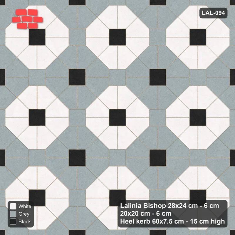 Interlock (Pasco) 28x24 cm · LAL-094 · Octagon Rosette Grid - chequer octagons, accent centres, kerb frame · Top view Interlock (Pasco) 28x24 cm · LAL-094 · Octagon Rosette Grid - chequer octagons, accent centres, kerb frame · Top view