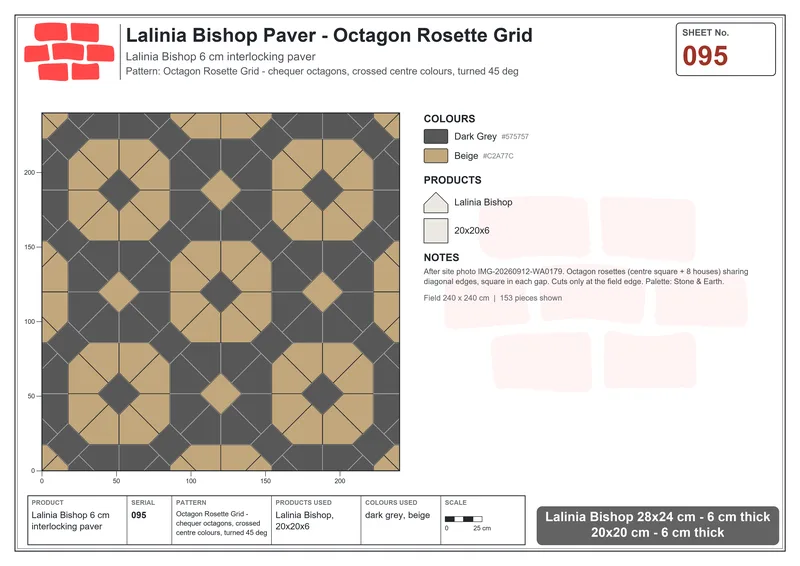 Interlock (Pasco) 28x24 cm · LAL-095 · Octagon Rosette Grid - chequer octagons, crossed centre colours, turned 45 deg · Laying plan Interlock (Pasco) 28x24 cm · LAL-095 · Octagon Rosette Grid - chequer octagons, crossed centre colours, turned 45 deg · Laying plan