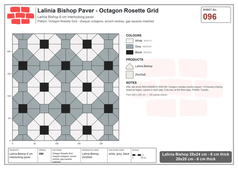 Interlock (Pasco) 28x24 cm · LAL-096 · Octagon Rosette Grid - chequer octagons, accent centres, gap squares matched · Laying plan Interlock (Pasco) 28x24 cm · LAL-096 · Octagon Rosette Grid - chequer octagons, accent centres, gap squares matched · Laying plan