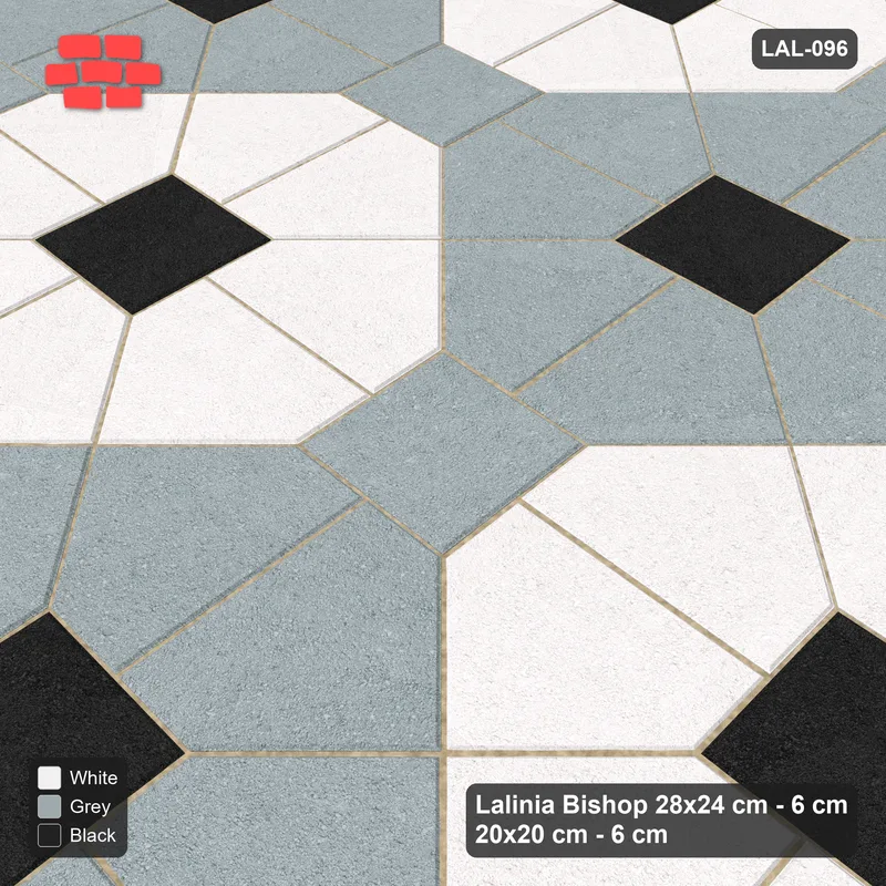 Interlock (Pasco) 28x24 cm · LAL-096 · Octagon Rosette Grid - chequer octagons, accent centres, gap squares matched · Side view Interlock (Pasco) 28x24 cm · LAL-096 · Octagon Rosette Grid - chequer octagons, accent centres, gap squares matched · Side view