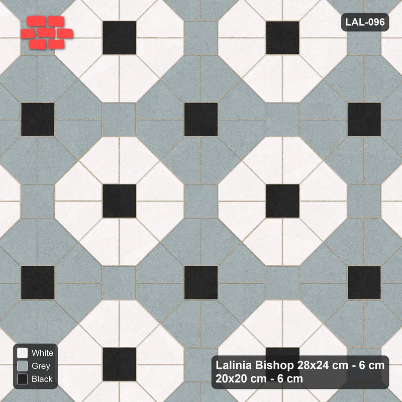 Interlock (Pasco) 28x24 cm · LAL-096 · Octagon Rosette Grid - chequer octagons, accent centres, gap squares matched · Top view Interlock (Pasco) 28x24 cm · LAL-096 · Octagon Rosette Grid - chequer octagons, accent centres, gap squares matched · Top view