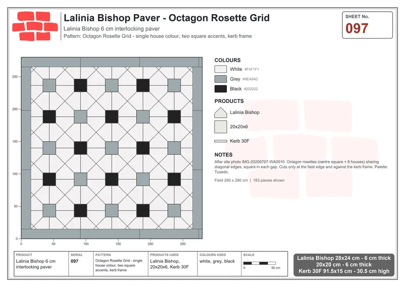 Interlock (Pasco) 28x24 cm · LAL-097 · Octagon Rosette Grid - single house colour, two square accents, kerb frame · Laying plan Interlock (Pasco) 28x24 cm · LAL-097 · Octagon Rosette Grid - single house colour, two square accents, kerb frame · Laying plan
