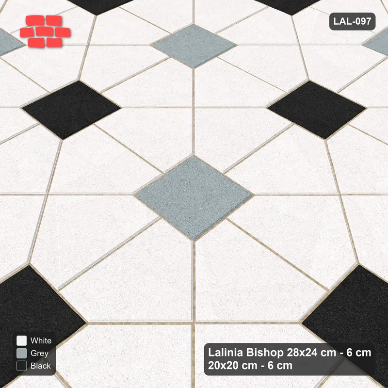 Interlock (Pasco) 28x24 cm · LAL-097 · Octagon Rosette Grid - single house colour, two square accents, kerb frame · Side view Interlock (Pasco) 28x24 cm · LAL-097 · Octagon Rosette Grid - single house colour, two square accents, kerb frame · Side view