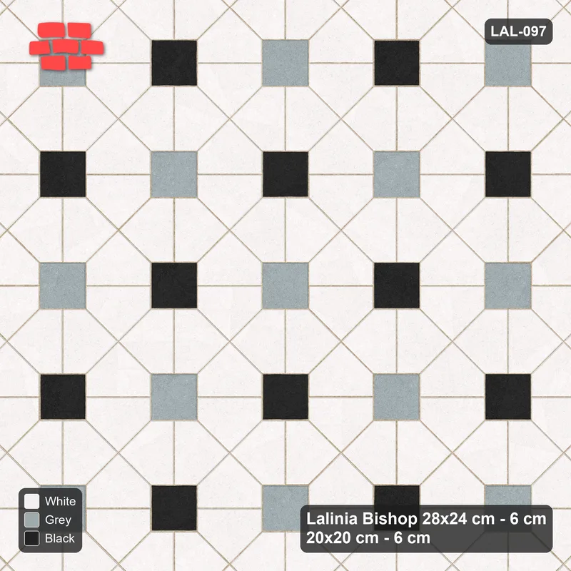 Interlock (Pasco) 28x24 cm · LAL-097 · Octagon Rosette Grid - single house colour, two square accents, kerb frame · Top view Interlock (Pasco) 28x24 cm · LAL-097 · Octagon Rosette Grid - single house colour, two square accents, kerb frame · Top view