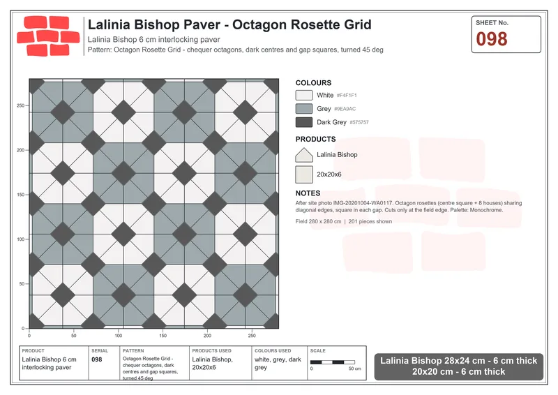 Interlock (Pasco) 28x24 cm · LAL-098 · Octagon Rosette Grid - chequer octagons, dark centres and gap squares, turned 45 deg · Laying plan Interlock (Pasco) 28x24 cm · LAL-098 · Octagon Rosette Grid - chequer octagons, dark centres and gap squares, turned 45 deg · Laying plan