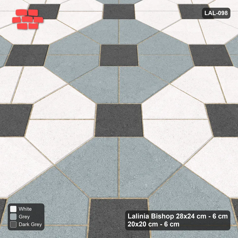 Interlock (Pasco) 28x24 cm · LAL-098 · Octagon Rosette Grid - chequer octagons, dark centres and gap squares, turned 45 deg · Side view Interlock (Pasco) 28x24 cm · LAL-098 · Octagon Rosette Grid - chequer octagons, dark centres and gap squares, turned 45 deg · Side view