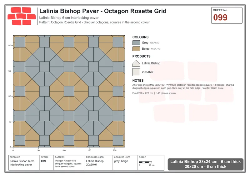 Interlock (Pasco) 28x24 cm · LAL-099 · Octagon Rosette Grid - chequer octagons, squares in the second colour · Laying plan Interlock (Pasco) 28x24 cm · LAL-099 · Octagon Rosette Grid - chequer octagons, squares in the second colour · Laying plan