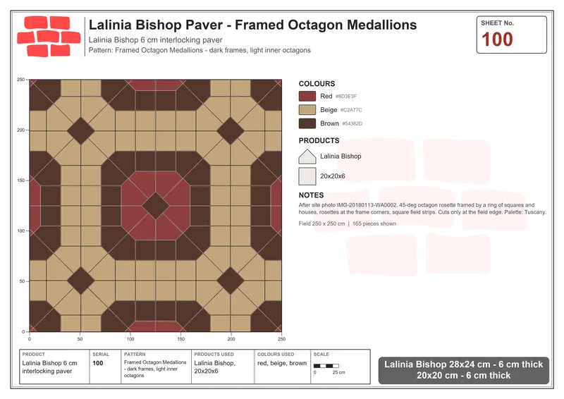 Interlock (Pasco) 28x24 cm · LAL-100 · Framed Octagon Medallions - dark frames, light inner octagons · Laying plan Interlock (Pasco) 28x24 cm · LAL-100 · Framed Octagon Medallions - dark frames, light inner octagons · Laying plan