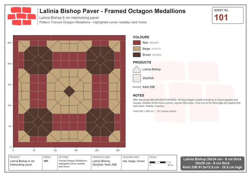 Interlock (Pasco) 28x24 cm · LAL-101 · Framed Octagon Medallions - highlighted corner rosettes, kerb frame · Laying plan Interlock (Pasco) 28x24 cm · LAL-101 · Framed Octagon Medallions - highlighted corner rosettes, kerb frame · Laying plan