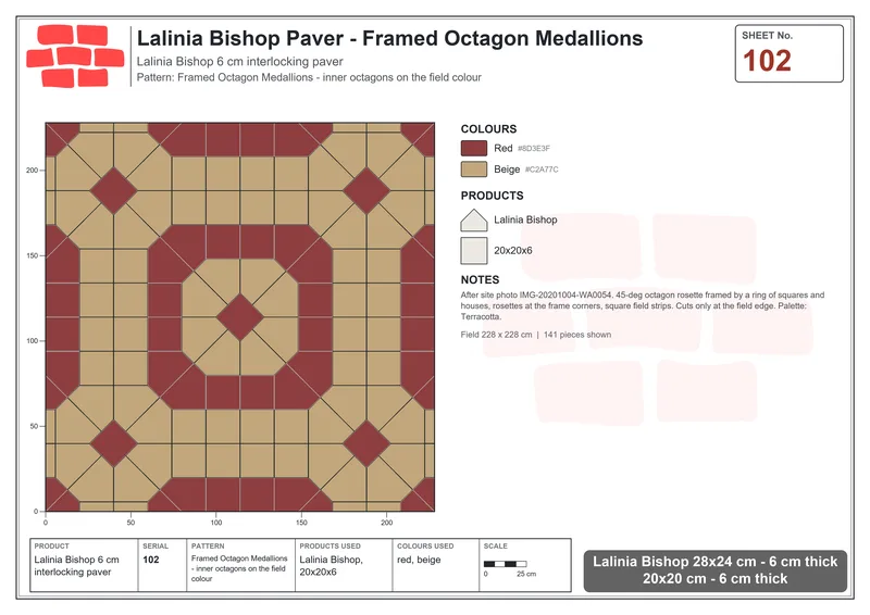 Interlock (Pasco) 28x24 cm · LAL-102 · Framed Octagon Medallions - inner octagons on the field colour · Laying plan Interlock (Pasco) 28x24 cm · LAL-102 · Framed Octagon Medallions - inner octagons on the field colour · Laying plan