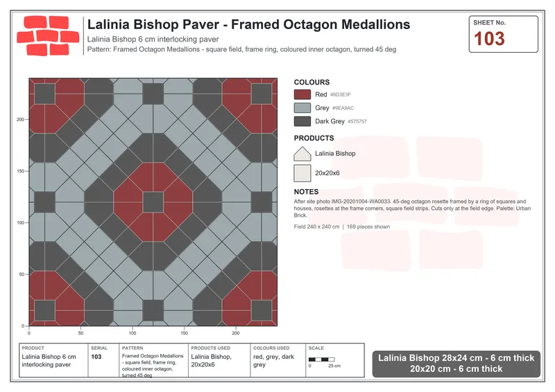 Interlock (Pasco) 28x24 cm · LAL-103 · Framed Octagon Medallions - square field, frame ring, coloured inner octagon, turned 45 deg · Laying plan Interlock (Pasco) 28x24 cm · LAL-103 · Framed Octagon Medallions - square field, frame ring, coloured inner octagon, turned 45 deg · Laying plan