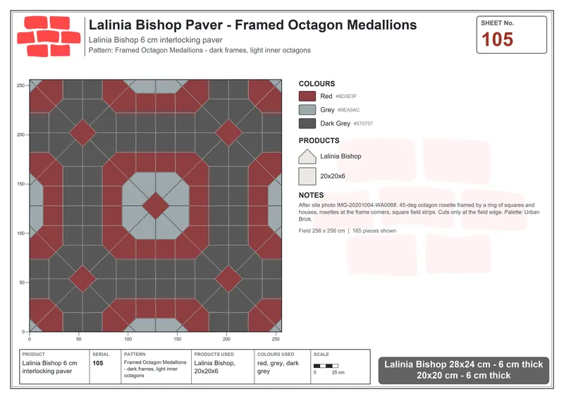 Interlock (Pasco) 28x24 cm · LAL-105 · Framed Octagon Medallions - dark frames, light inner octagons · Laying plan Interlock (Pasco) 28x24 cm · LAL-105 · Framed Octagon Medallions - dark frames, light inner octagons · Laying plan
