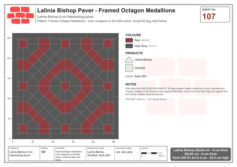Interlock (Pasco) 28x24 cm · LAL-107 · Framed Octagon Medallions - inner octagons on the field colour, turned 45 deg, kerb frame · Laying plan Interlock (Pasco) 28x24 cm · LAL-107 · Framed Octagon Medallions - inner octagons on the field colour, turned 45 deg, kerb frame · Laying plan