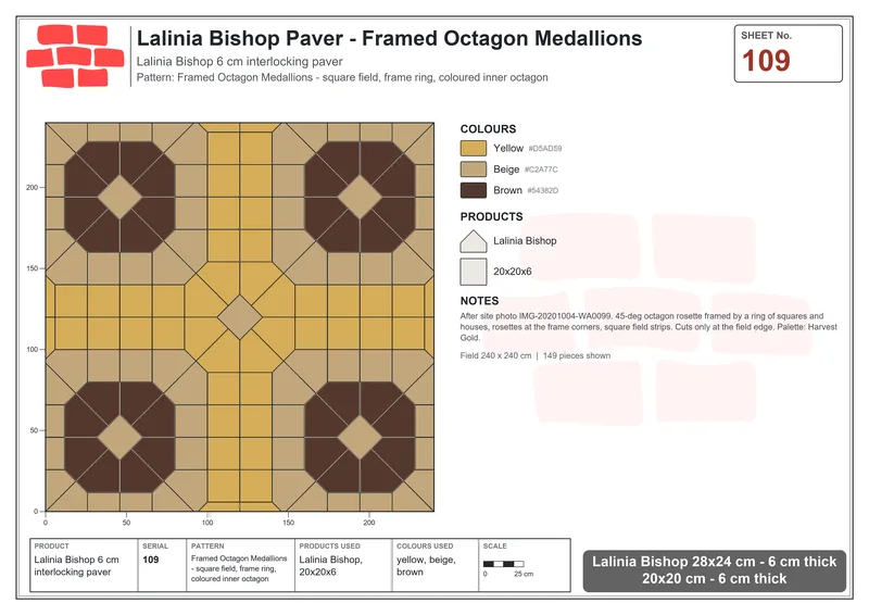Interlock (Pasco) 28x24 cm · LAL-109 · Framed Octagon Medallions - square field, frame ring, coloured inner octagon · Laying plan Interlock (Pasco) 28x24 cm · LAL-109 · Framed Octagon Medallions - square field, frame ring, coloured inner octagon · Laying plan