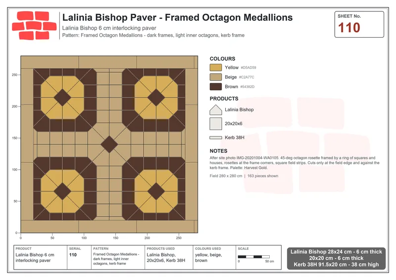 Interlock (Pasco) 28x24 cm · LAL-110 · Framed Octagon Medallions - dark frames, light inner octagons, kerb frame · Laying plan Interlock (Pasco) 28x24 cm · LAL-110 · Framed Octagon Medallions - dark frames, light inner octagons, kerb frame · Laying plan