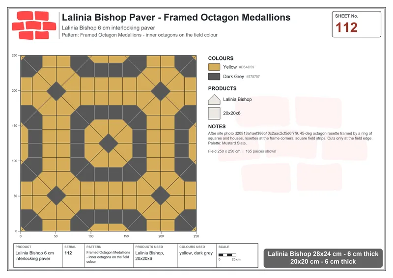 Interlock (Pasco) 28x24 cm · LAL-112 · Framed Octagon Medallions - inner octagons on the field colour · Laying plan Interlock (Pasco) 28x24 cm · LAL-112 · Framed Octagon Medallions - inner octagons on the field colour · Laying plan