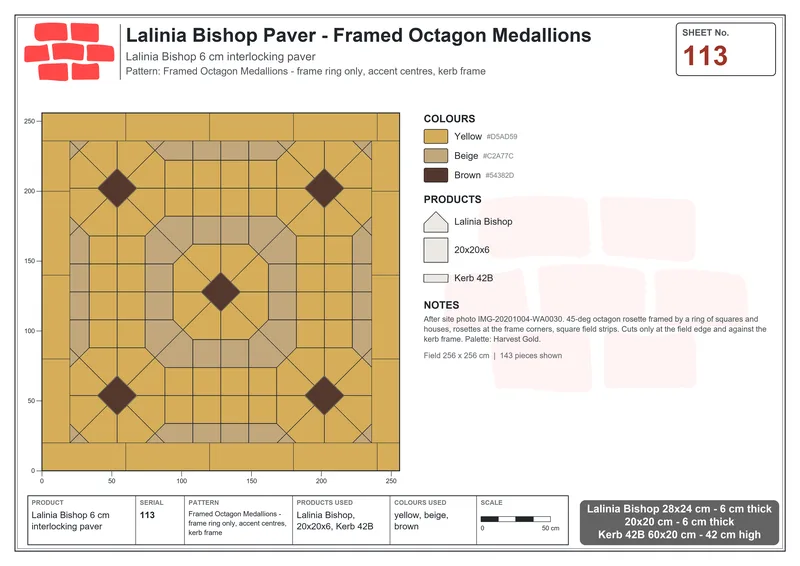Interlock (Pasco) 28x24 cm · LAL-113 · Framed Octagon Medallions - frame ring only, accent centres, kerb frame · Laying plan Interlock (Pasco) 28x24 cm · LAL-113 · Framed Octagon Medallions - frame ring only, accent centres, kerb frame · Laying plan