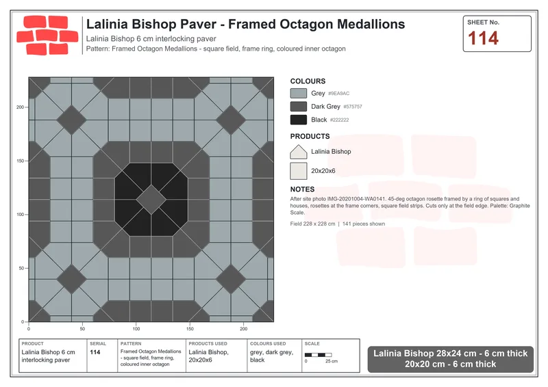 Interlock (Pasco) 28x24 cm · LAL-114 · Framed Octagon Medallions - square field, frame ring, coloured inner octagon · Laying plan Interlock (Pasco) 28x24 cm · LAL-114 · Framed Octagon Medallions - square field, frame ring, coloured inner octagon · Laying plan