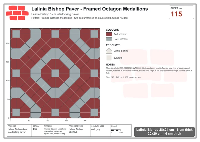 Interlock (Pasco) 28x24 cm · LAL-115 · Framed Octagon Medallions - two-colour frames on square field, turned 45 deg · Laying plan Interlock (Pasco) 28x24 cm · LAL-115 · Framed Octagon Medallions - two-colour frames on square field, turned 45 deg · Laying plan