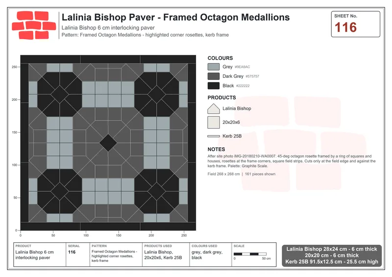 Interlock (Pasco) 28x24 cm · LAL-116 · Framed Octagon Medallions - highlighted corner rosettes, kerb frame · Laying plan Interlock (Pasco) 28x24 cm · LAL-116 · Framed Octagon Medallions - highlighted corner rosettes, kerb frame · Laying plan