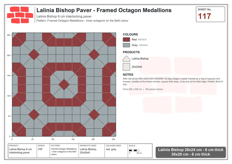 Interlock (Pasco) 28x24 cm · LAL-117 · Framed Octagon Medallions - inner octagons on the field colour · Laying plan Interlock (Pasco) 28x24 cm · LAL-117 · Framed Octagon Medallions - inner octagons on the field colour · Laying plan