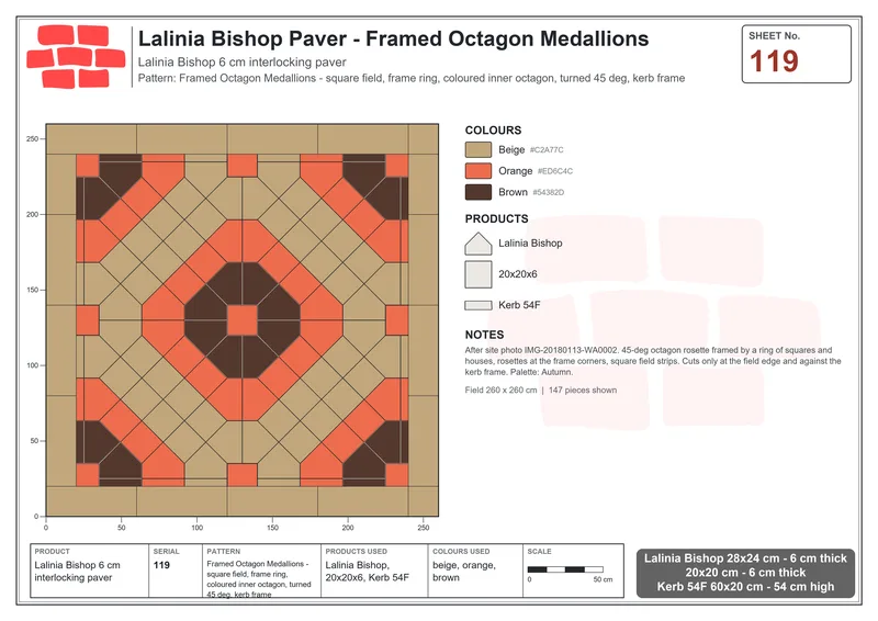 Interlock (Pasco) 28x24 cm · LAL-119 · Framed Octagon Medallions - square field, frame ring, coloured inner octagon, turned 45 deg, kerb frame · Laying plan Interlock (Pasco) 28x24 cm · LAL-119 · Framed Octagon Medallions - square field, frame ring, coloured inner octagon, turned 45 deg, kerb frame · Laying plan