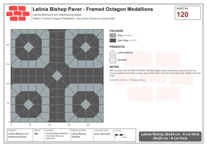 Interlock (Pasco) 28x24 cm · LAL-120 · Framed Octagon Medallions - two-colour frames on square field · Laying plan Interlock (Pasco) 28x24 cm · LAL-120 · Framed Octagon Medallions - two-colour frames on square field · Laying plan