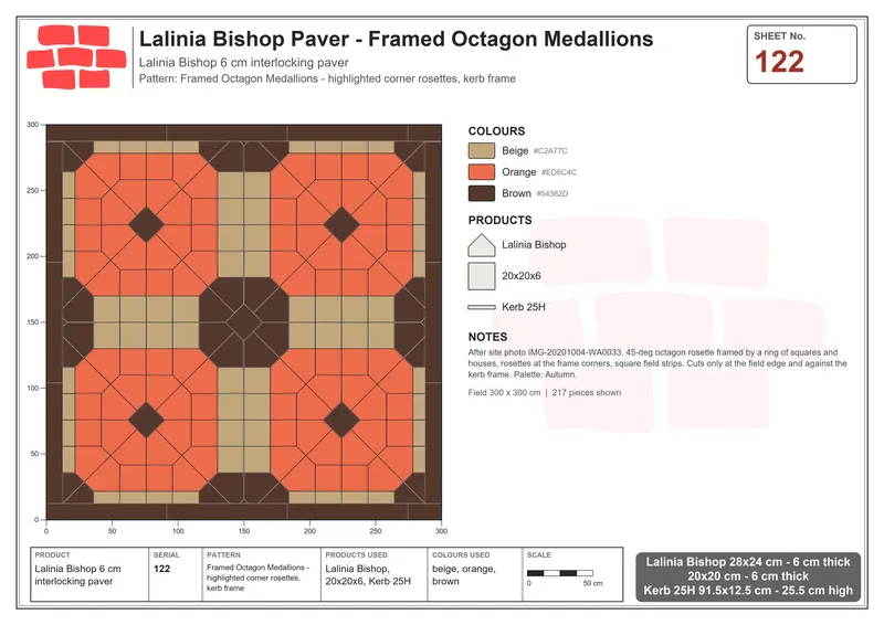 Interlock (Pasco) 28x24 cm · LAL-122 · Framed Octagon Medallions - highlighted corner rosettes, kerb frame · Laying plan Interlock (Pasco) 28x24 cm · LAL-122 · Framed Octagon Medallions - highlighted corner rosettes, kerb frame · Laying plan