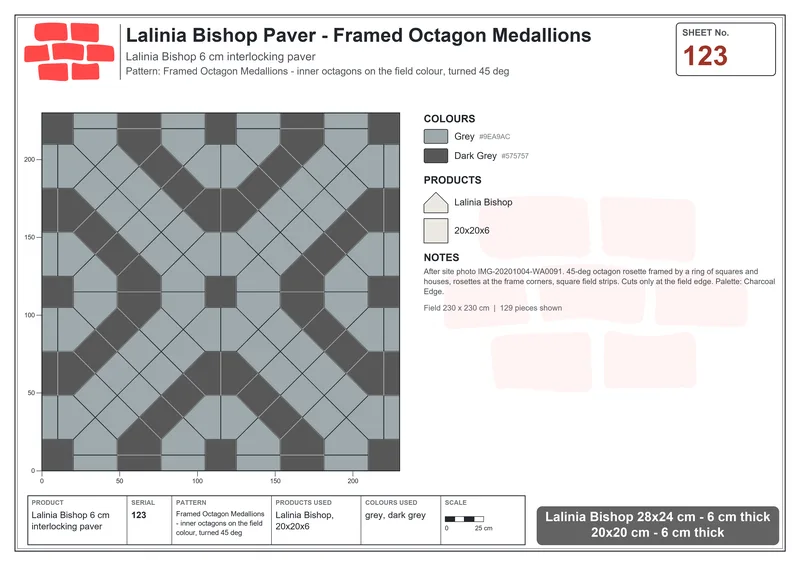 Interlock (Pasco) 28x24 cm · LAL-123 · Framed Octagon Medallions - inner octagons on the field colour, turned 45 deg · Laying plan Interlock (Pasco) 28x24 cm · LAL-123 · Framed Octagon Medallions - inner octagons on the field colour, turned 45 deg · Laying plan