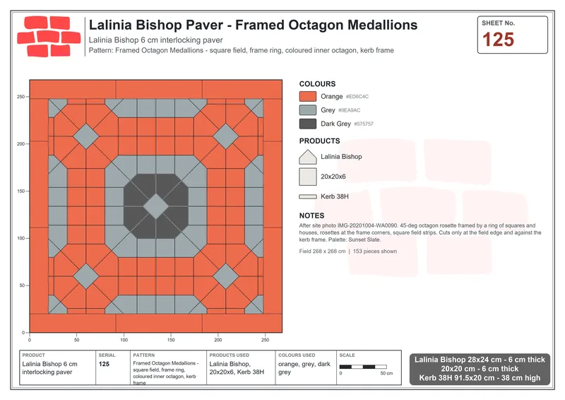 Interlock (Pasco) 28x24 cm · LAL-125 · Framed Octagon Medallions - square field, frame ring, coloured inner octagon, kerb frame · Laying plan Interlock (Pasco) 28x24 cm · LAL-125 · Framed Octagon Medallions - square field, frame ring, coloured inner octagon, kerb frame · Laying plan