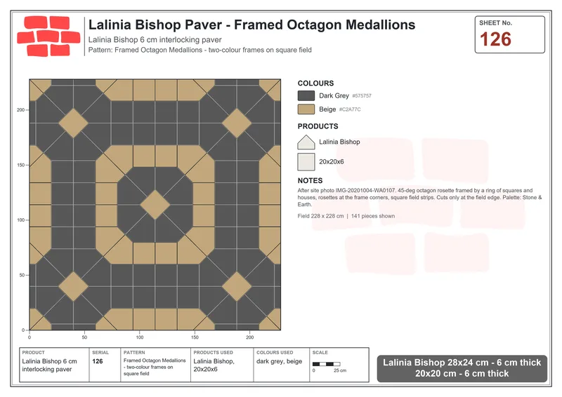 Interlock (Pasco) 28x24 cm · LAL-126 · Framed Octagon Medallions - two-colour frames on square field · Laying plan Interlock (Pasco) 28x24 cm · LAL-126 · Framed Octagon Medallions - two-colour frames on square field · Laying plan