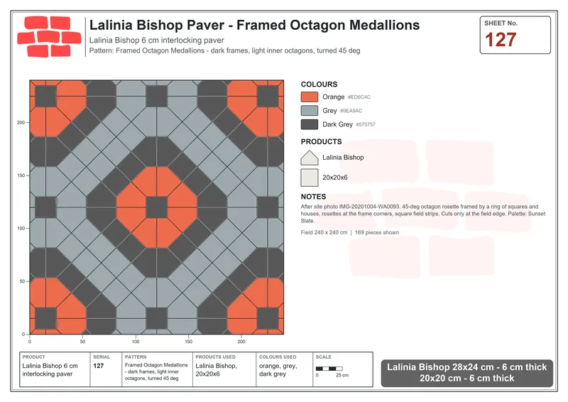 Interlock (Pasco) 28x24 cm · LAL-127 · Framed Octagon Medallions - dark frames, light inner octagons, turned 45 deg · Laying plan Interlock (Pasco) 28x24 cm · LAL-127 · Framed Octagon Medallions - dark frames, light inner octagons, turned 45 deg · Laying plan
