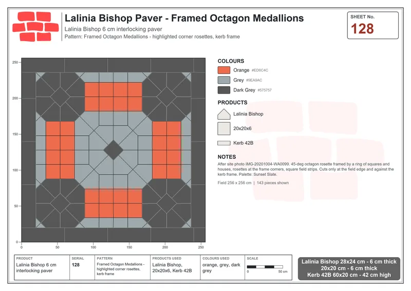 Interlock (Pasco) 28x24 cm · LAL-128 · Framed Octagon Medallions - highlighted corner rosettes, kerb frame · Laying plan Interlock (Pasco) 28x24 cm · LAL-128 · Framed Octagon Medallions - highlighted corner rosettes, kerb frame · Laying plan