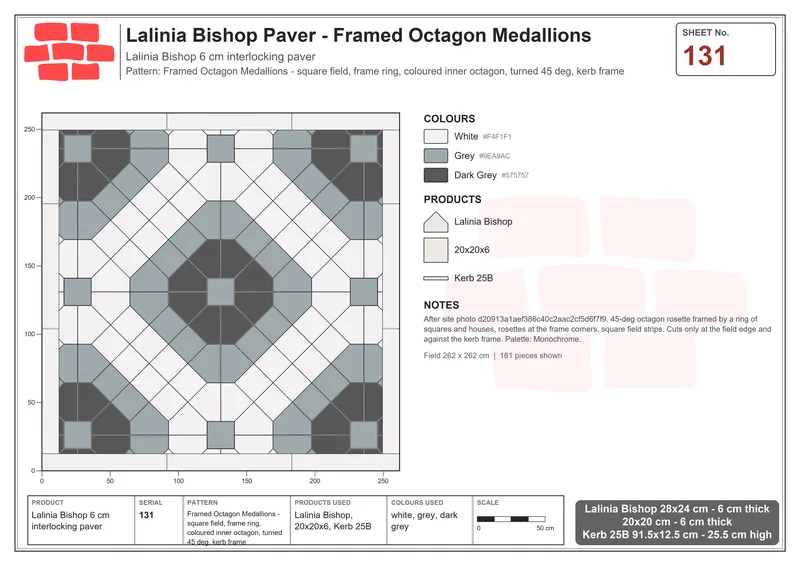 Interlock (Pasco) 28x24 cm · LAL-131 · Framed Octagon Medallions - square field, frame ring, coloured inner octagon, turned 45 deg, kerb frame · Laying plan Interlock (Pasco) 28x24 cm · LAL-131 · Framed Octagon Medallions - square field, frame ring, coloured inner octagon, turned 45 deg, kerb frame · Laying plan