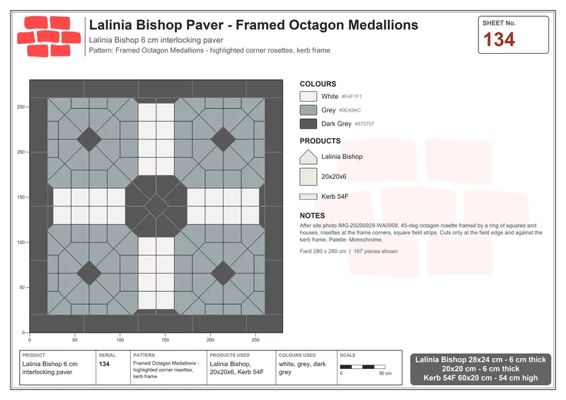 Interlock (Pasco) 28x24 cm · LAL-134 · Framed Octagon Medallions - highlighted corner rosettes, kerb frame · Laying plan Interlock (Pasco) 28x24 cm · LAL-134 · Framed Octagon Medallions - highlighted corner rosettes, kerb frame · Laying plan