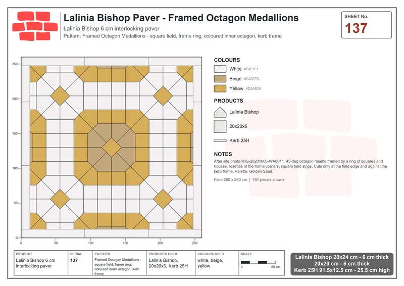 Interlock (Pasco) 28x24 cm · LAL-137 · Framed Octagon Medallions - square field, frame ring, coloured inner octagon, kerb frame · Laying plan Interlock (Pasco) 28x24 cm · LAL-137 · Framed Octagon Medallions - square field, frame ring, coloured inner octagon, kerb frame · Laying plan