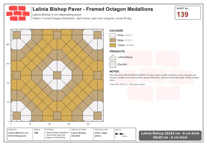 Interlock (Pasco) 28x24 cm · LAL-139 · Framed Octagon Medallions - dark frames, light inner octagons, turned 45 deg · Laying plan Interlock (Pasco) 28x24 cm · LAL-139 · Framed Octagon Medallions - dark frames, light inner octagons, turned 45 deg · Laying plan