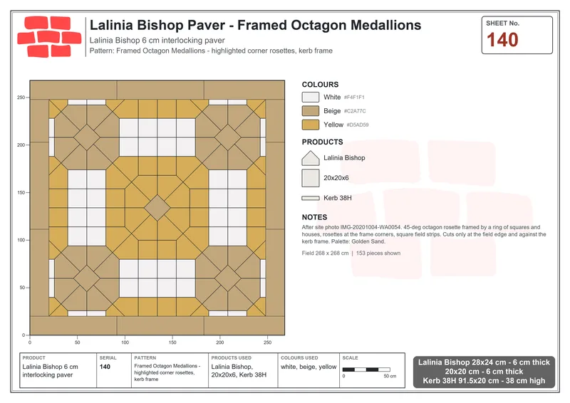 Interlock (Pasco) 28x24 cm · LAL-140 · Framed Octagon Medallions - highlighted corner rosettes, kerb frame · Laying plan Interlock (Pasco) 28x24 cm · LAL-140 · Framed Octagon Medallions - highlighted corner rosettes, kerb frame · Laying plan