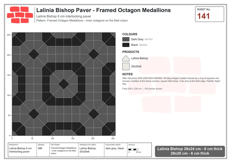 Interlock (Pasco) 28x24 cm · LAL-141 · Framed Octagon Medallions - inner octagons on the field colour · Laying plan Interlock (Pasco) 28x24 cm · LAL-141 · Framed Octagon Medallions - inner octagons on the field colour · Laying plan
