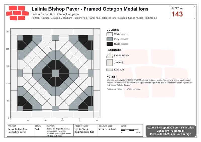 Interlock (Pasco) 28x24 cm · LAL-143 · Framed Octagon Medallions - square field, frame ring, coloured inner octagon, turned 45 deg, kerb frame · Laying plan Interlock (Pasco) 28x24 cm · LAL-143 · Framed Octagon Medallions - square field, frame ring, coloured inner octagon, turned 45 deg, kerb frame · Laying plan