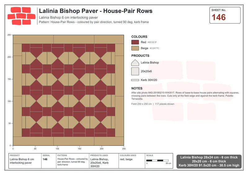 Interlock (Pasco) 28x24 cm · LAL-146 · House-Pair Rows - coloured by pair direction, turned 90 deg, kerb frame · Laying plan Interlock (Pasco) 28x24 cm · LAL-146 · House-Pair Rows - coloured by pair direction, turned 90 deg, kerb frame · Laying plan