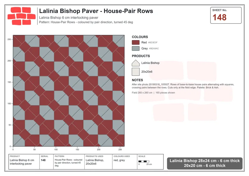 Interlock (Pasco) 28x24 cm · LAL-148 · House-Pair Rows - coloured by pair direction, turned 45 deg · Laying plan Interlock (Pasco) 28x24 cm · LAL-148 · House-Pair Rows - coloured by pair direction, turned 45 deg · Laying plan