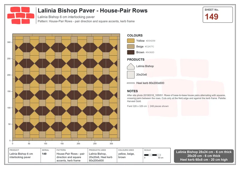 Interlock (Pasco) 28x24 cm · LAL-149 · House-Pair Rows - pair direction and square accents, kerb frame · Laying plan Interlock (Pasco) 28x24 cm · LAL-149 · House-Pair Rows - pair direction and square accents, kerb frame · Laying plan