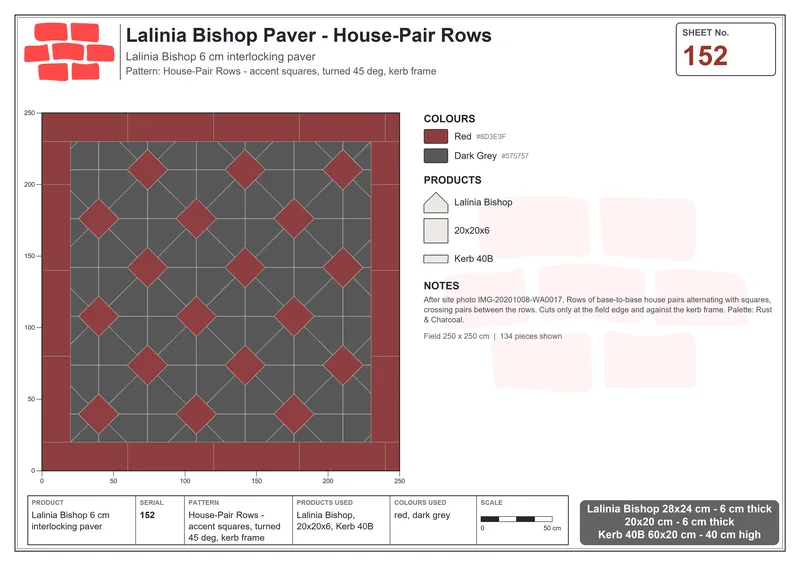 Interlock (Pasco) 28x24 cm · LAL-152 · House-Pair Rows - accent squares, turned 45 deg, kerb frame · Laying plan Interlock (Pasco) 28x24 cm · LAL-152 · House-Pair Rows - accent squares, turned 45 deg, kerb frame · Laying plan