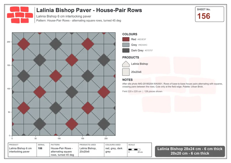 Interlock (Pasco) 28x24 cm · LAL-156 · House-Pair Rows - alternating square rows, turned 45 deg · Laying plan Interlock (Pasco) 28x24 cm · LAL-156 · House-Pair Rows - alternating square rows, turned 45 deg · Laying plan